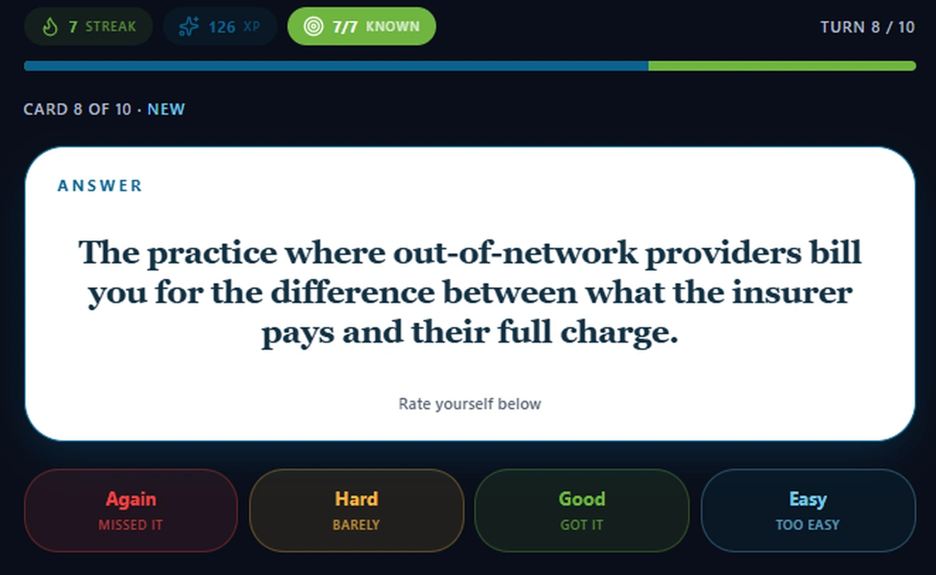 A GameIt.me flashcard with the Again, Hard, Good and Easy rating buttons that set when the card returns.