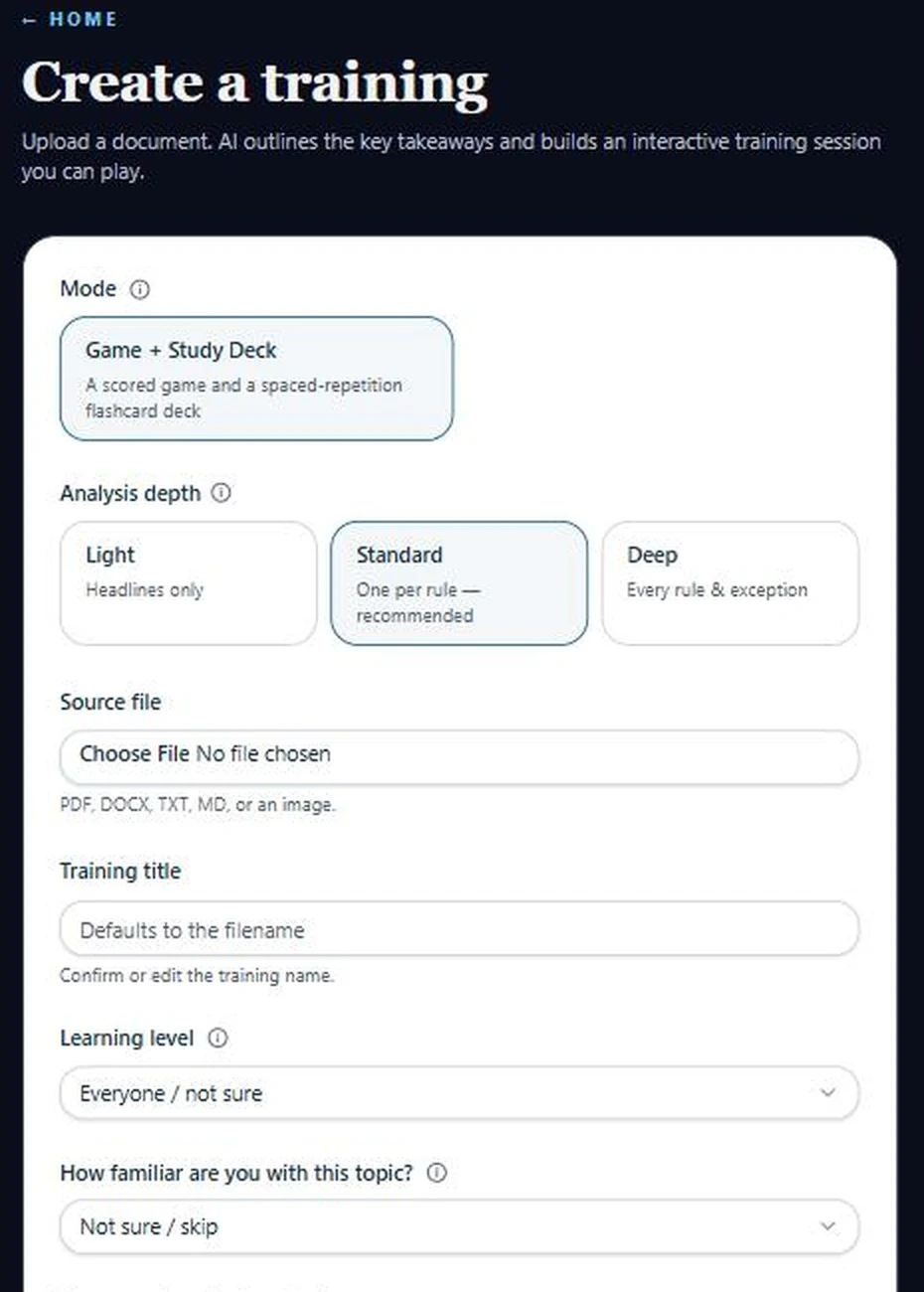 The GameIt.me create-training form, showing mode, analysis depth and file upload