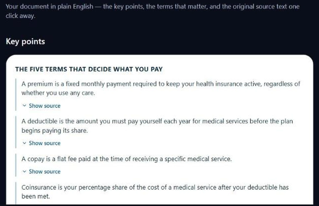 Plain-English key points generated from a document, each with a Show source link