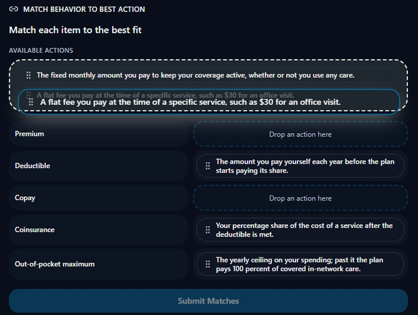 A matching question in the learning game, with a definition being dragged onto its term